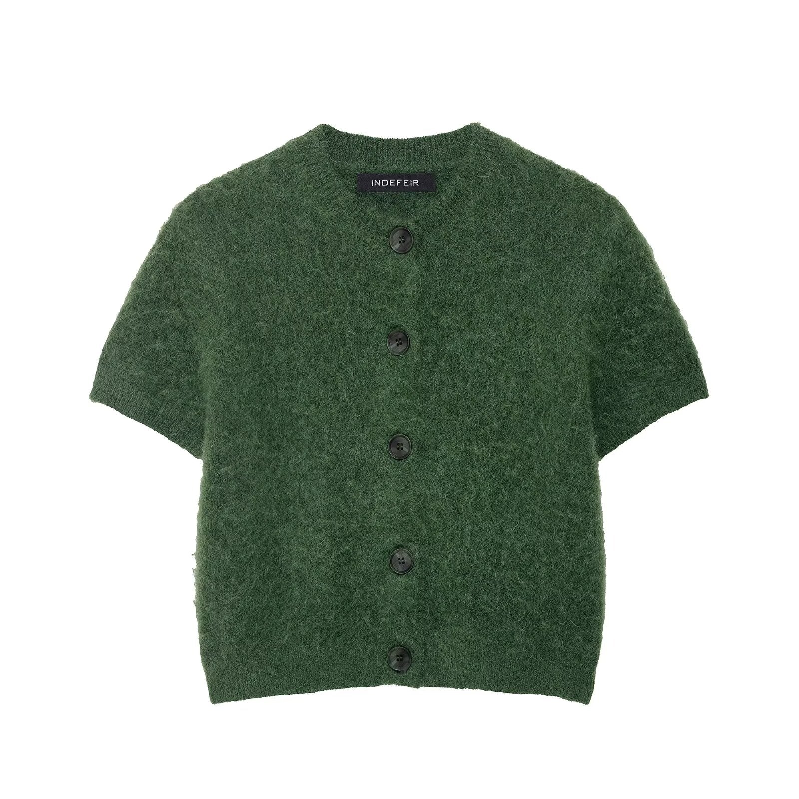 Bella Mia women's early autumn office knitwear with a round neck, short sleeves, and single-breasted design.