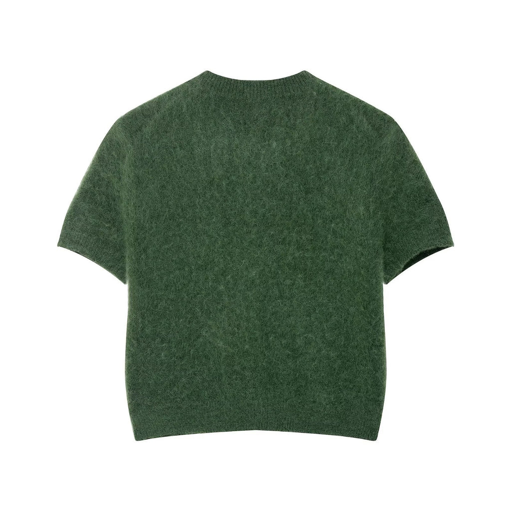 Bella Mia women's early autumn office knitwear with round neck, short sleeves, and single-breasted design.
