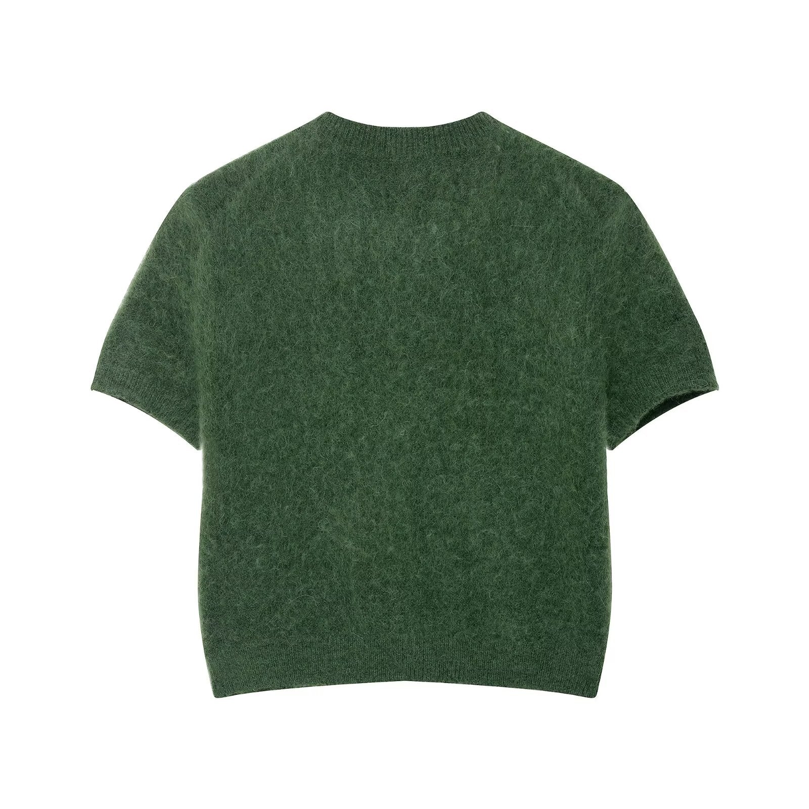Bella Mia women's early autumn office knitwear with round neck, short sleeves, and single-breasted design.