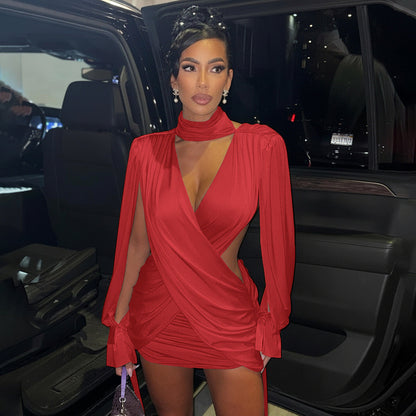 Autumn Winter Women Solid Color Sexy Hollow Out Cutout Long Sleeved Deep V Plunge neck Cross Stitching Hip Dress Bella Mia