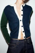 Casual loose women's autumn knit coat with contrast color blocks, stylish Bella Mia knitwear for fall wear.