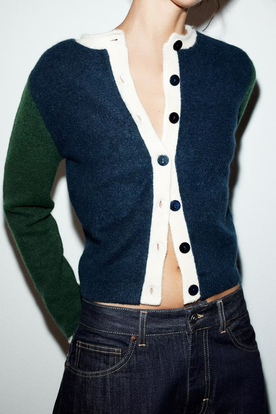 Casual loose women's autumn knit coat with contrast color blocks, stylish Bella Mia knitwear for fall wear.