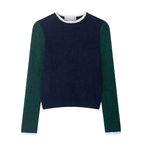 Women wearing loose contrast color knitwear by Bella Mia, showcasing casual, comfortable style with mixed knit patterns.