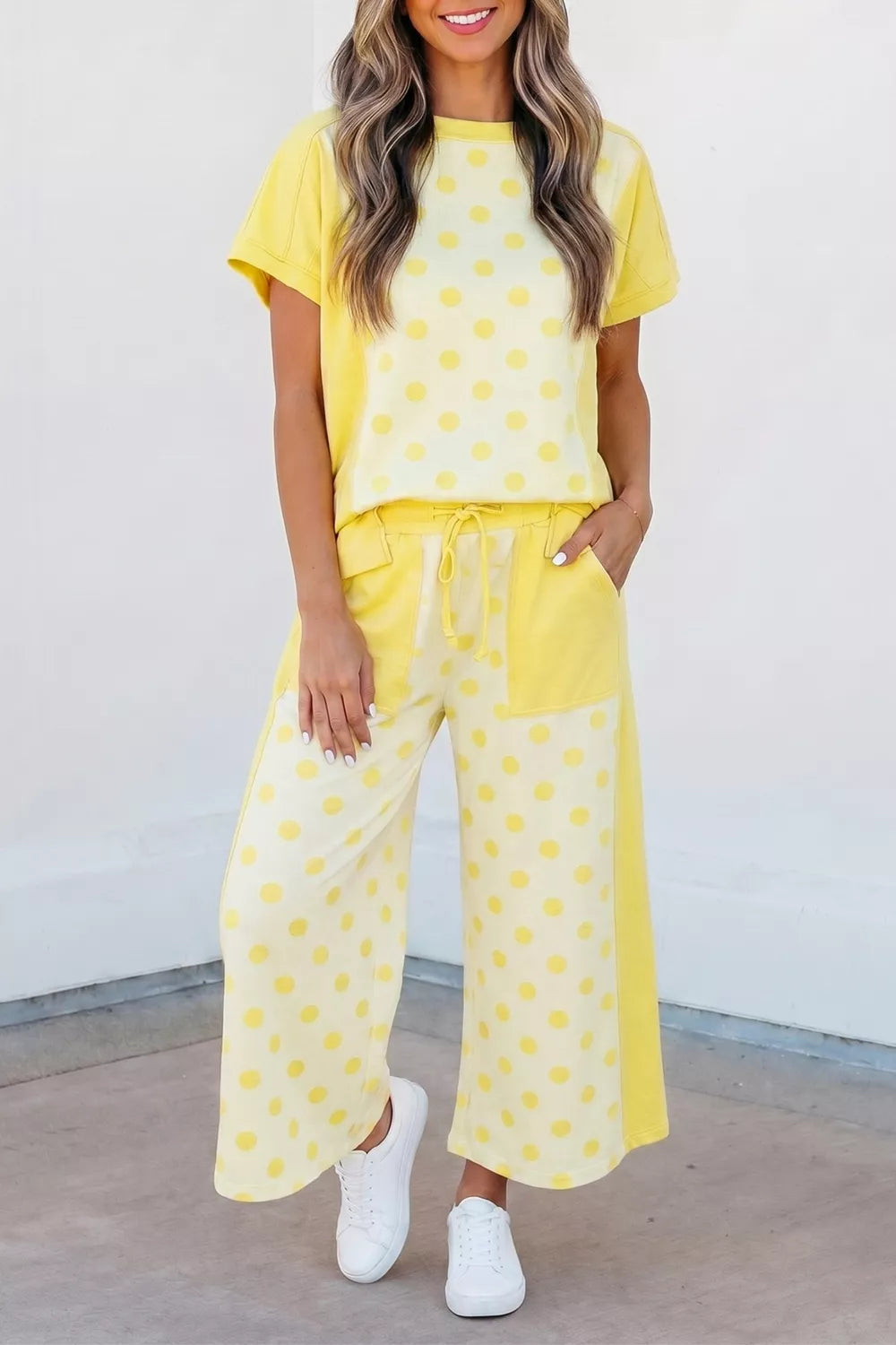 Color block patchwork polka dot top and wide-leg pant set by Shopimist, featuring vibrant patterns and relaxed fit.