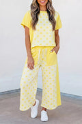 Color block patchwork polka dot top and wide-leg pant set by Shopimist, featuring vibrant patterns and relaxed fit.