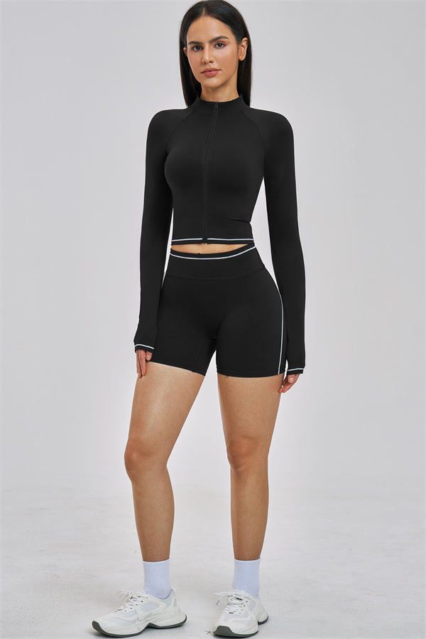 Fitglutes Activewear sportswear set featuring The Unbound Jacket and shorts, designed for workout and gym activities.