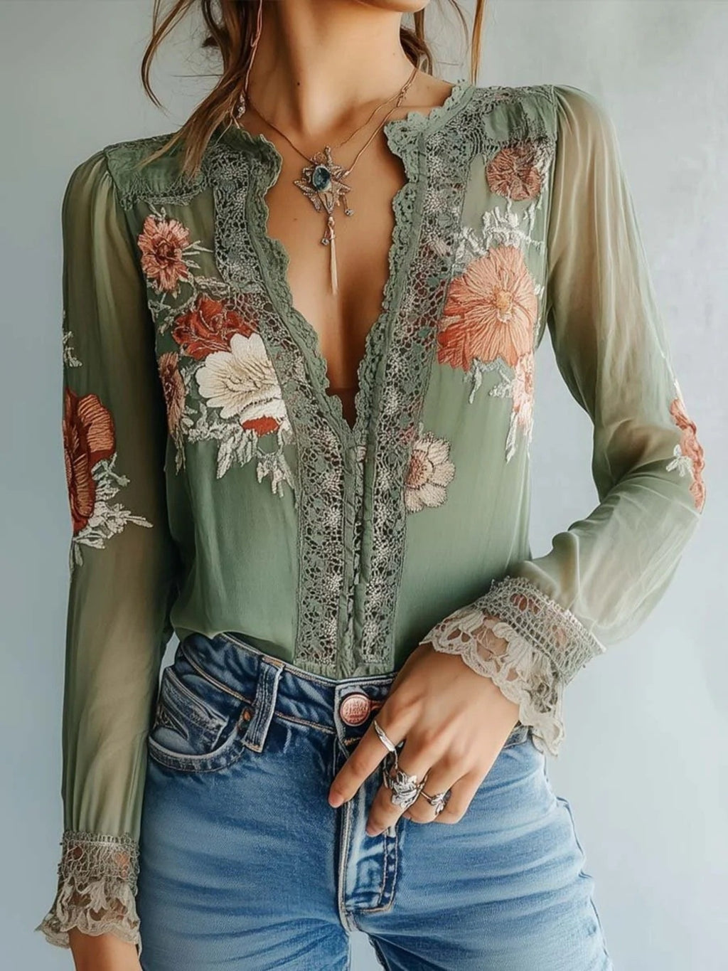 Elegant floral lace blouse by Plush Fashion Hub, feminine long sleeve top with intricate lace details and sophisticated style.