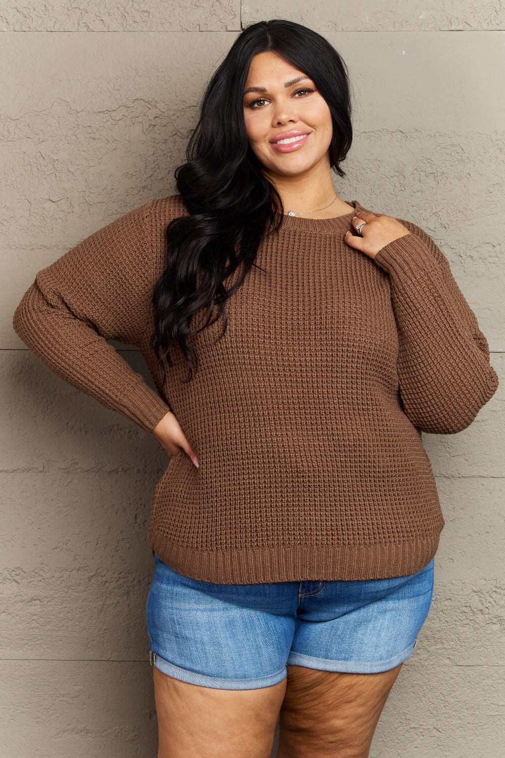 Plus size Zenana waffle knit sweater with high-low hem, breezy and comfortable, perfect for casual styling.