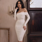 Women’s spring Bella Mia off-shoulder long sleeve dress with pleats, solid color, slim fit, perfect for party or casual wear.