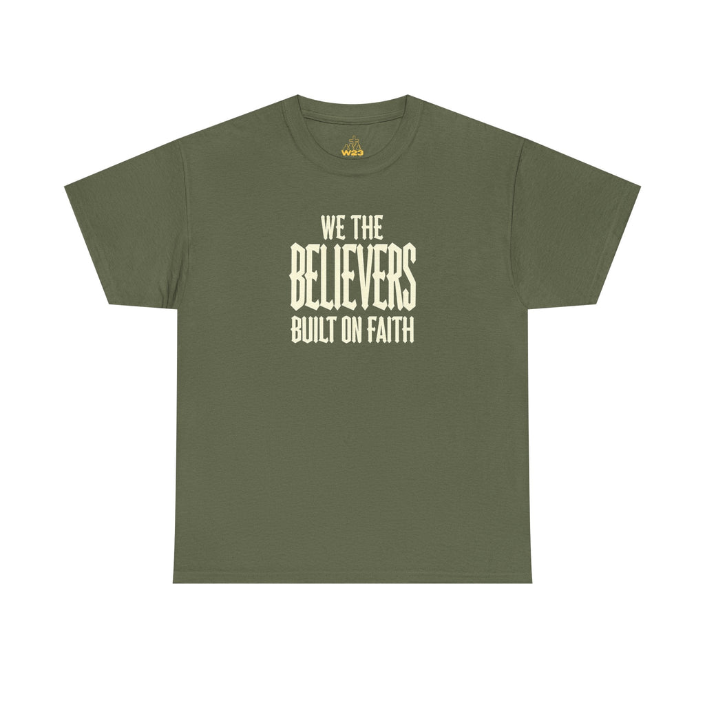 Black Christian T-Shirt by Wear Your Worship featuring faith-themed graphic design and "Built On Faith" message in streetwear style.