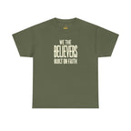 Black Christian T-Shirt by Wear Your Worship featuring faith-themed graphic design and "Built On Faith" message in streetwear style.
