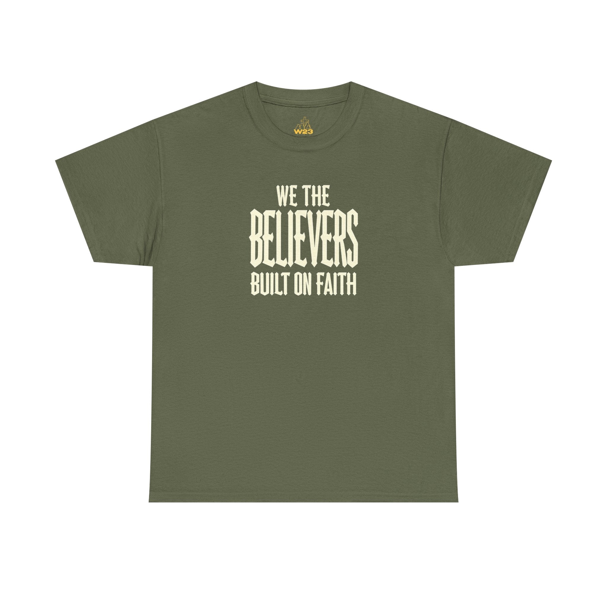 Black Christian T-Shirt by Wear Your Worship featuring faith-themed graphic design and "Built On Faith" message in streetwear style.