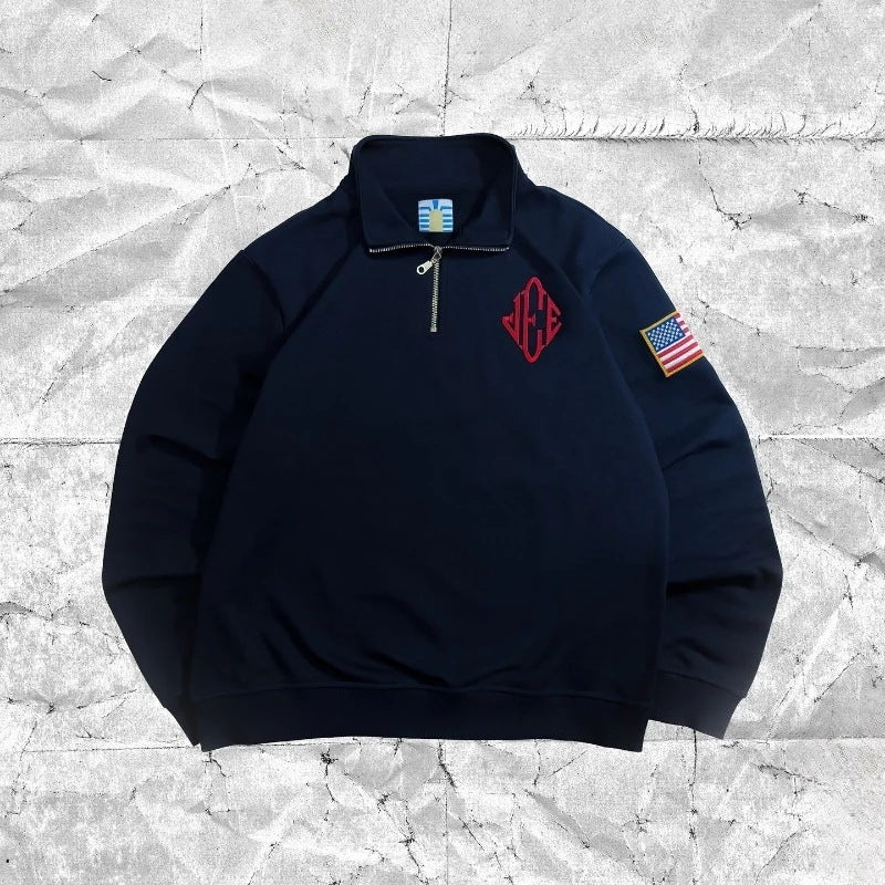 Vintage retro embroidered hooded polo sweatshirt by Plush Fashion Hub, featuring colorful embroidery and a cozy fit.