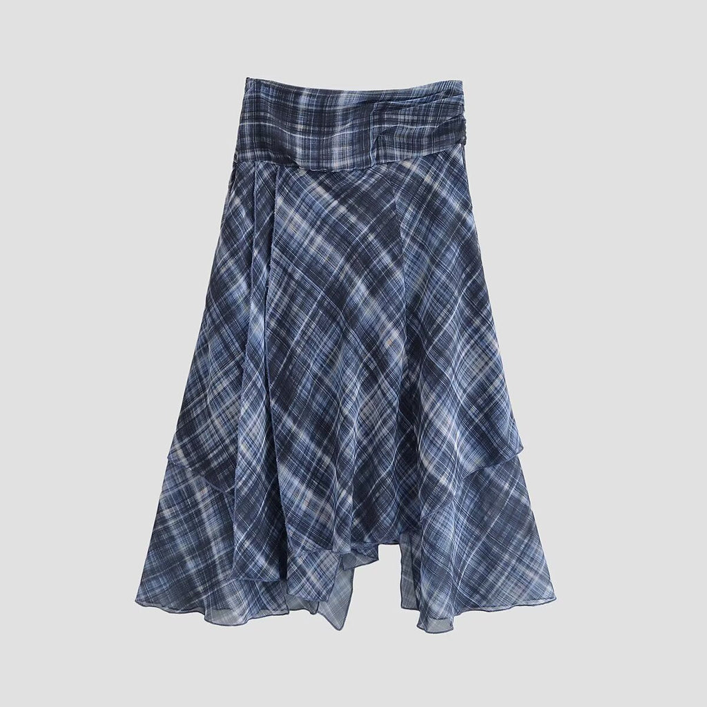 Women’s autumn plaid asymmetrical mid-waist skirt, stylish irregular design, by Wanita Store, perfect for casual fall outfits.