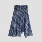 Women’s autumn plaid asymmetrical mid-waist skirt, stylish irregular design, by Wanita Store, perfect for casual fall outfits.