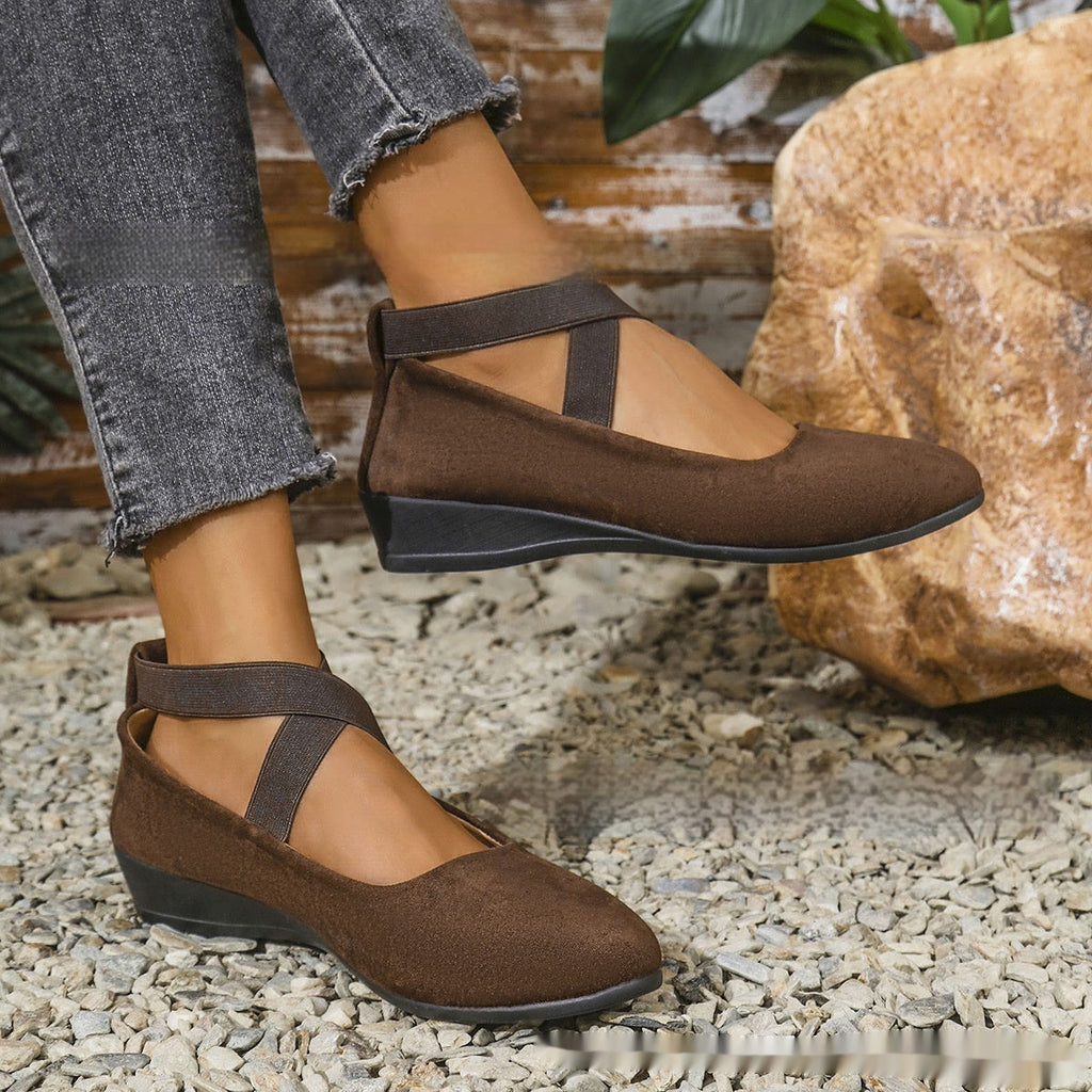 Plush Fashion Hub elastic band platform wedge pumps in six colors, EU sizes 35-43, featuring stylish heels with a modern design.
