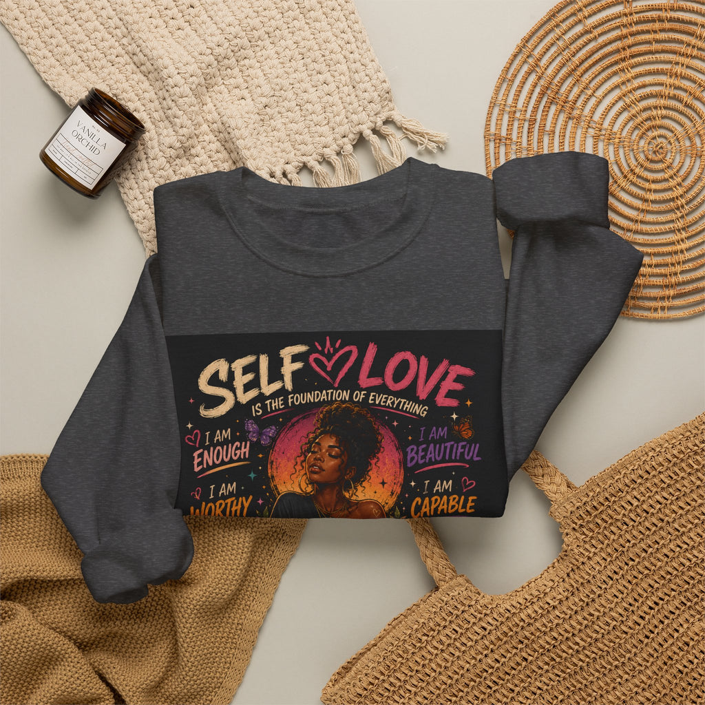 Self Love crewneck sweatshirt with empowering graphic design, casual fit, long sleeves, and comfortable fabric from Printify.