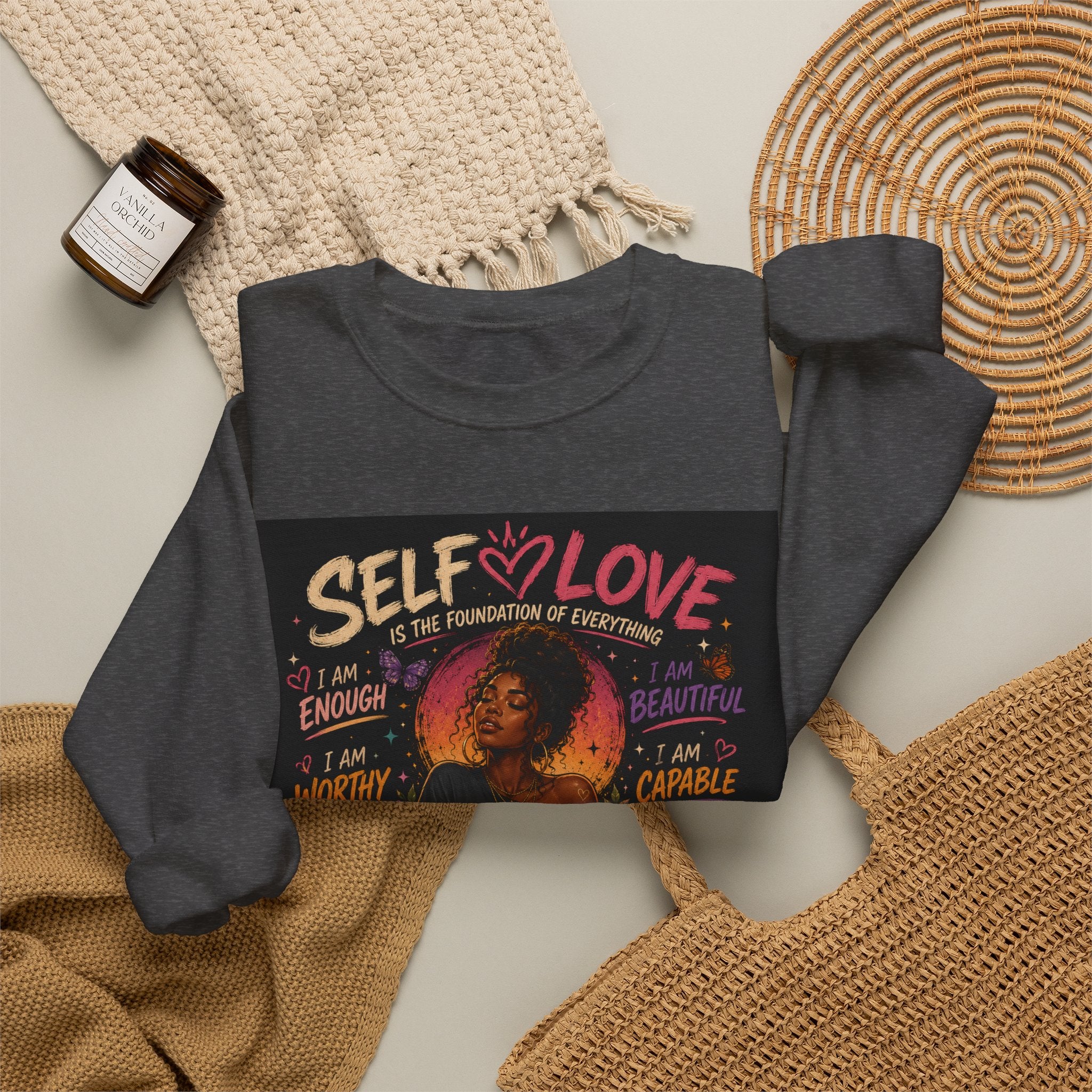 Self Love crewneck sweatshirt with empowering graphic design, casual fit, long sleeves, and comfortable fabric from Printify.