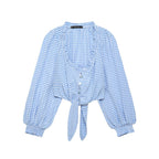Blue plaid long sleeve spring top for women with a sexy square collar, by Bella Mia, featuring a stylish short design.