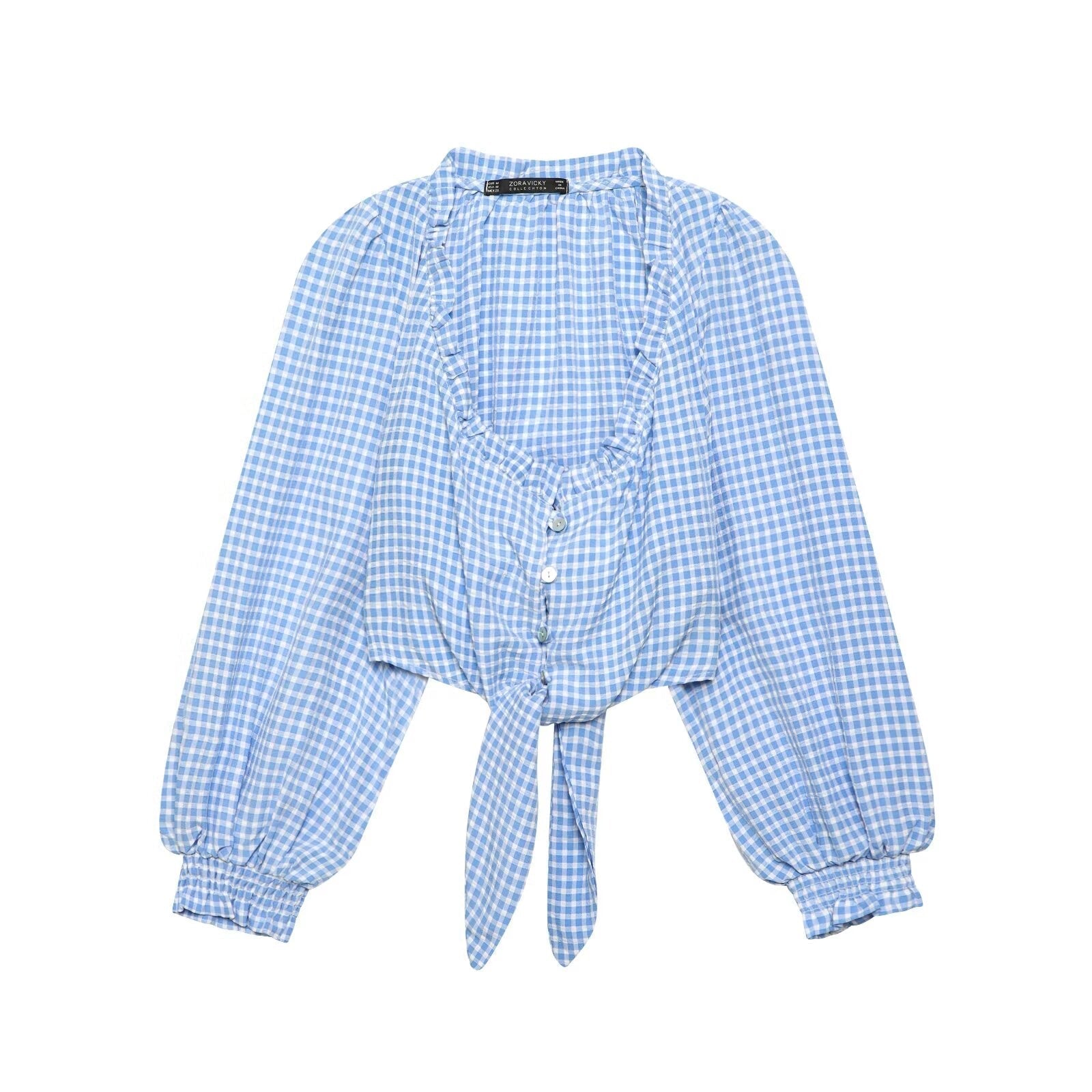 Blue plaid long sleeve spring top for women with a sexy square collar, by Bella Mia, featuring a stylish short design.