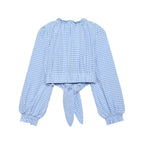 Blue plaid short sleeve top for women with a sexy square collar, from Bella Mia, perfect for spring fashion.