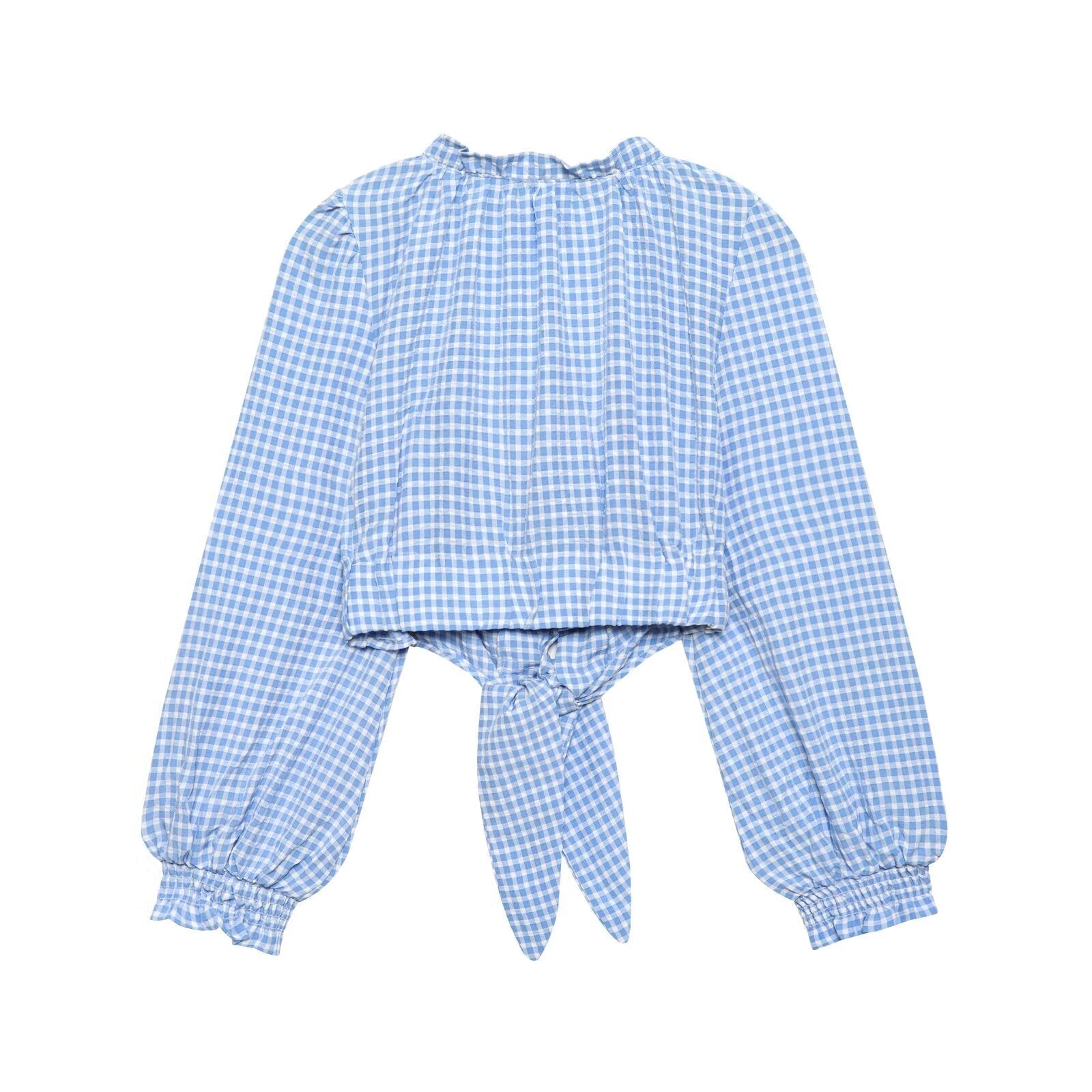 Blue plaid short sleeve top for women with a sexy square collar, from Bella Mia, perfect for spring fashion.