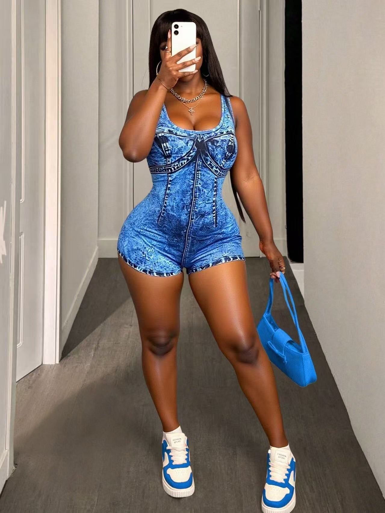 Bella Mia women's denim printing backless suspenders tube top romper, sexy and stylish for trendy summer outfits.