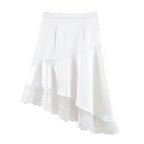 Elegant satin lace asymmetric skirt with irregular hem and stylish stitching, perfect for fashionable women's wear.