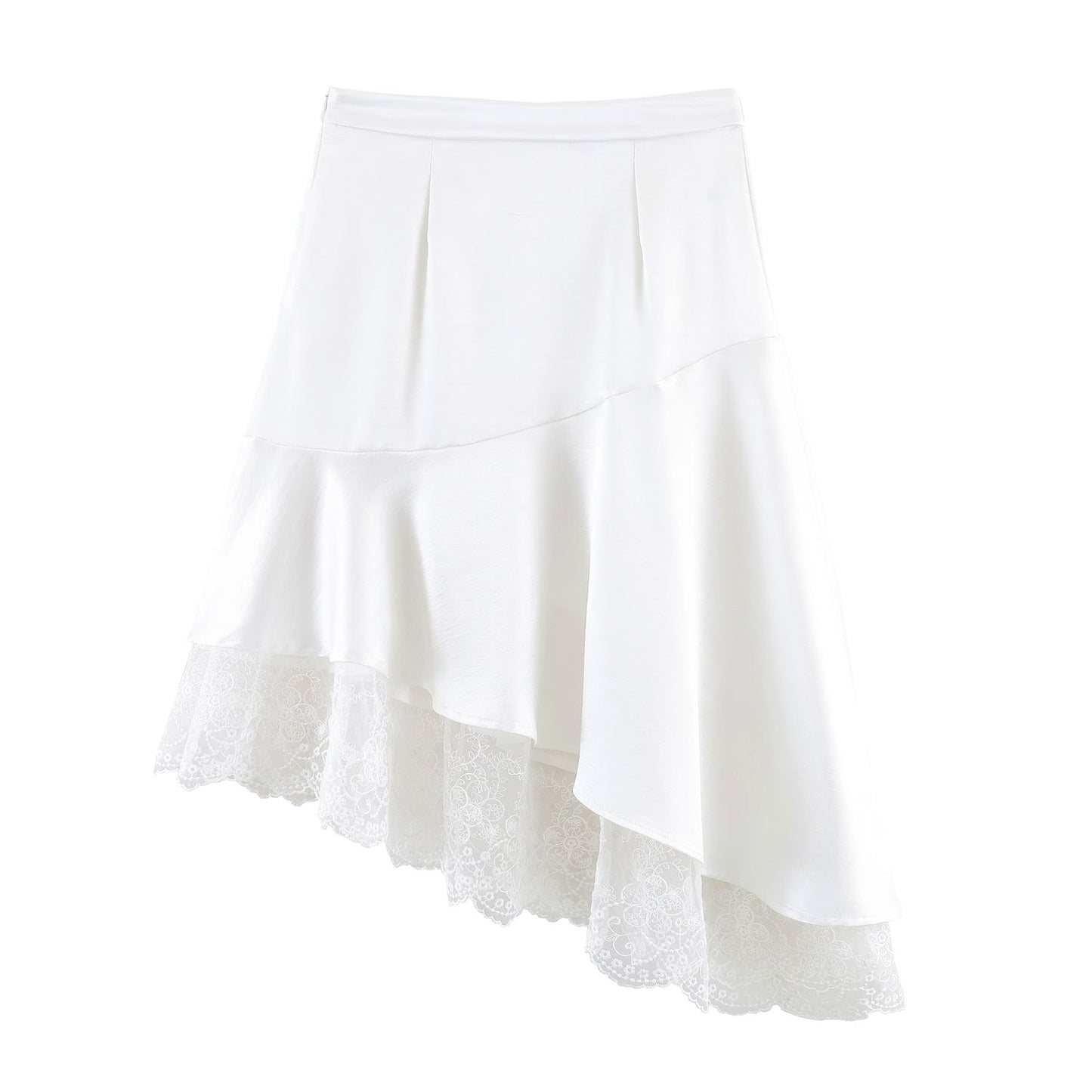 Elegant satin lace asymmetric skirt with irregular hem and stylish stitching, designed by Plush Fashion Hub.