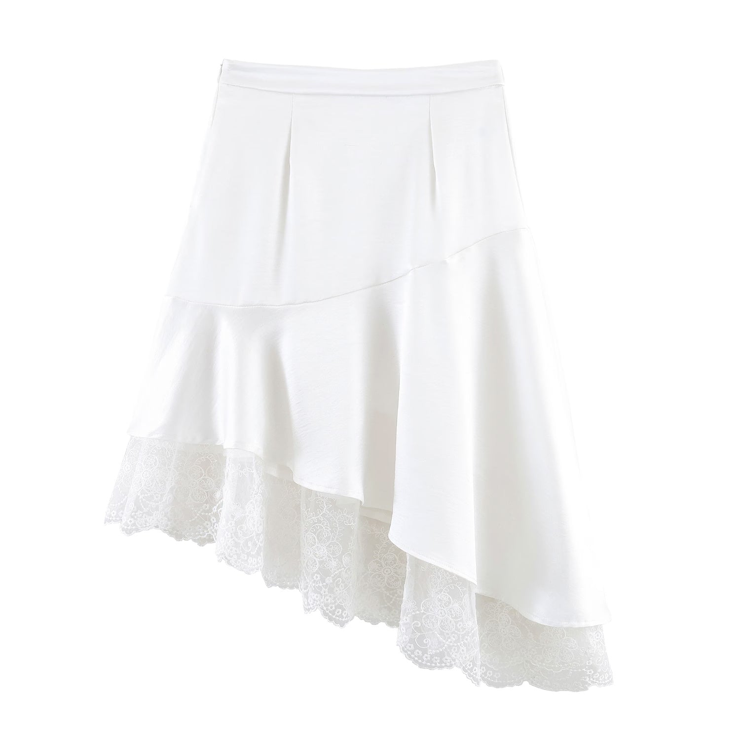 Elegant satin lace asymmetric skirt with irregular hem and stylish stitching, perfect for fashionable women's wear.