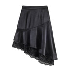 Elegant satin lace asymmetric skirt with irregular stitching hem, stylish women's fashion bottom from Wanita Store.