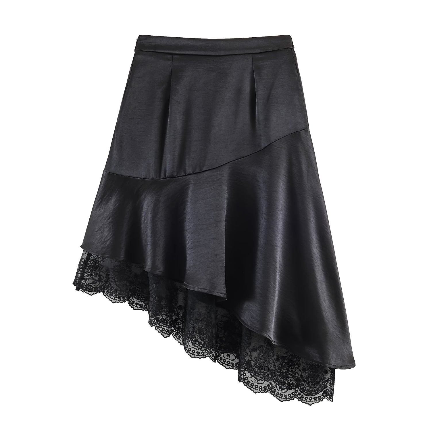 Elegant satin lace asymmetric skirt with irregular stitching hem, stylish women's fashion bottom from Wanita Store.
