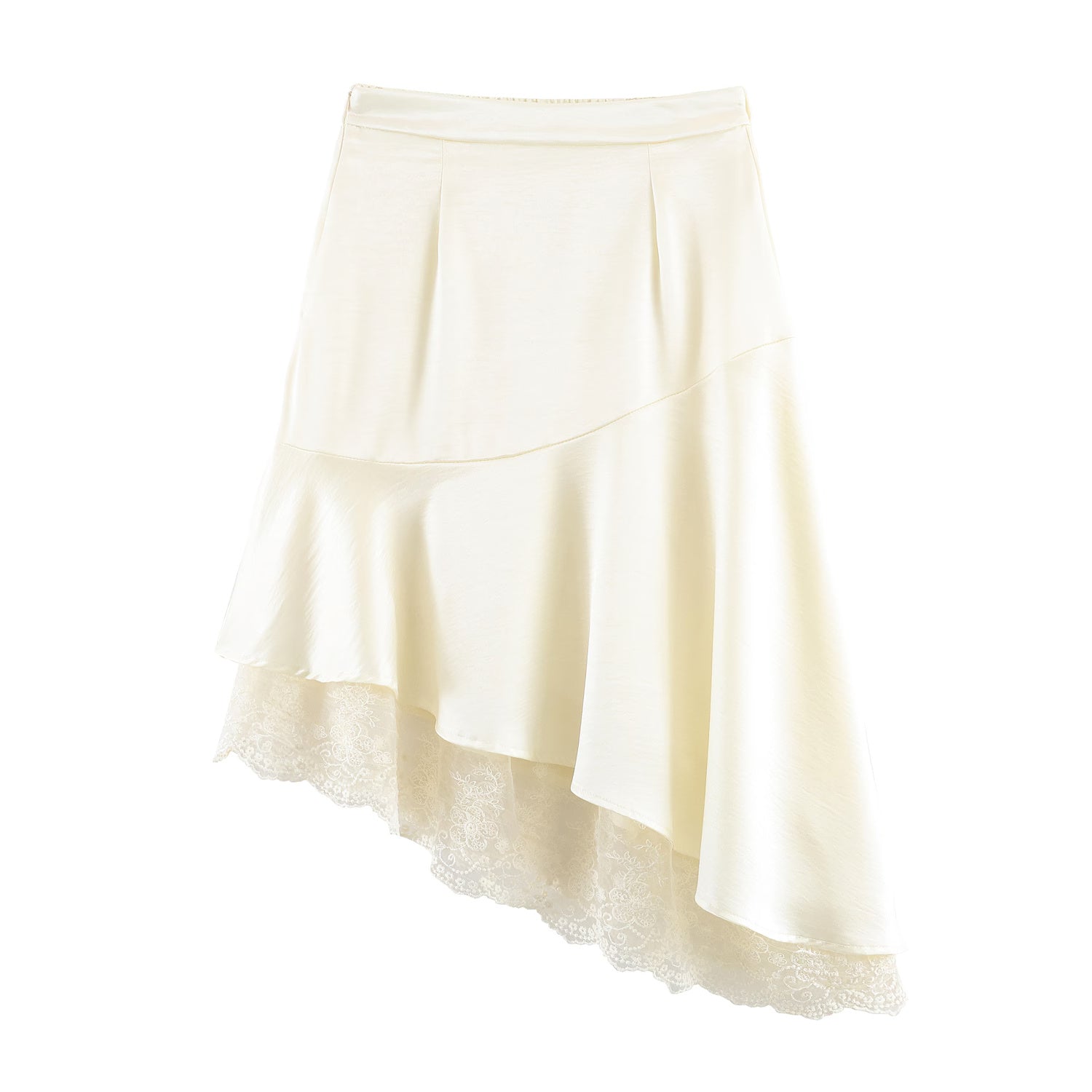 Elegant satin lace irregular asymmetric hem skirt from Wanita Store, showcasing stylish stitching and flowing fabric.