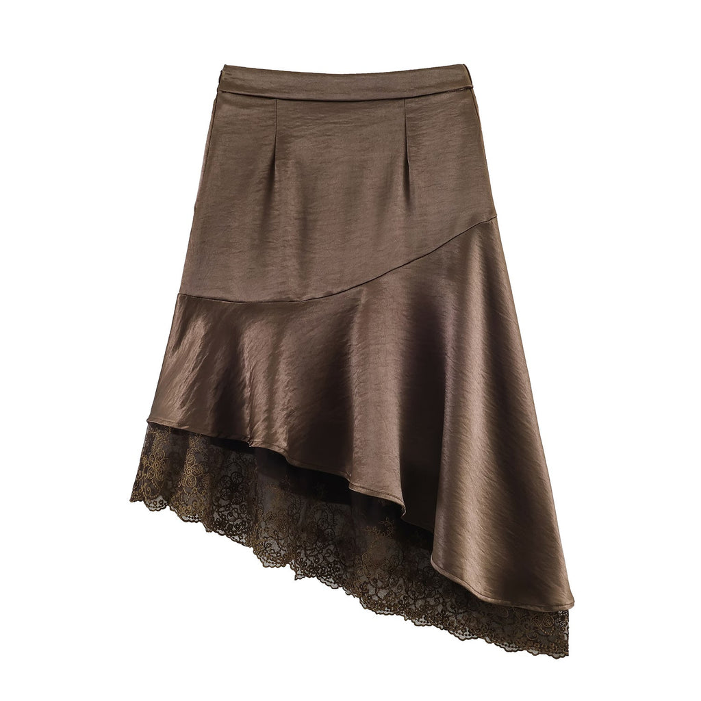 Elegant satin lace asymmetric skirt with irregular hem and stylish stitching, perfect for fashionable bottoms from Wanita Store.