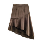 Elegant satin lace asymmetric skirt with irregular hem and stylish stitching, perfect for fashionable bottoms from Wanita Store.