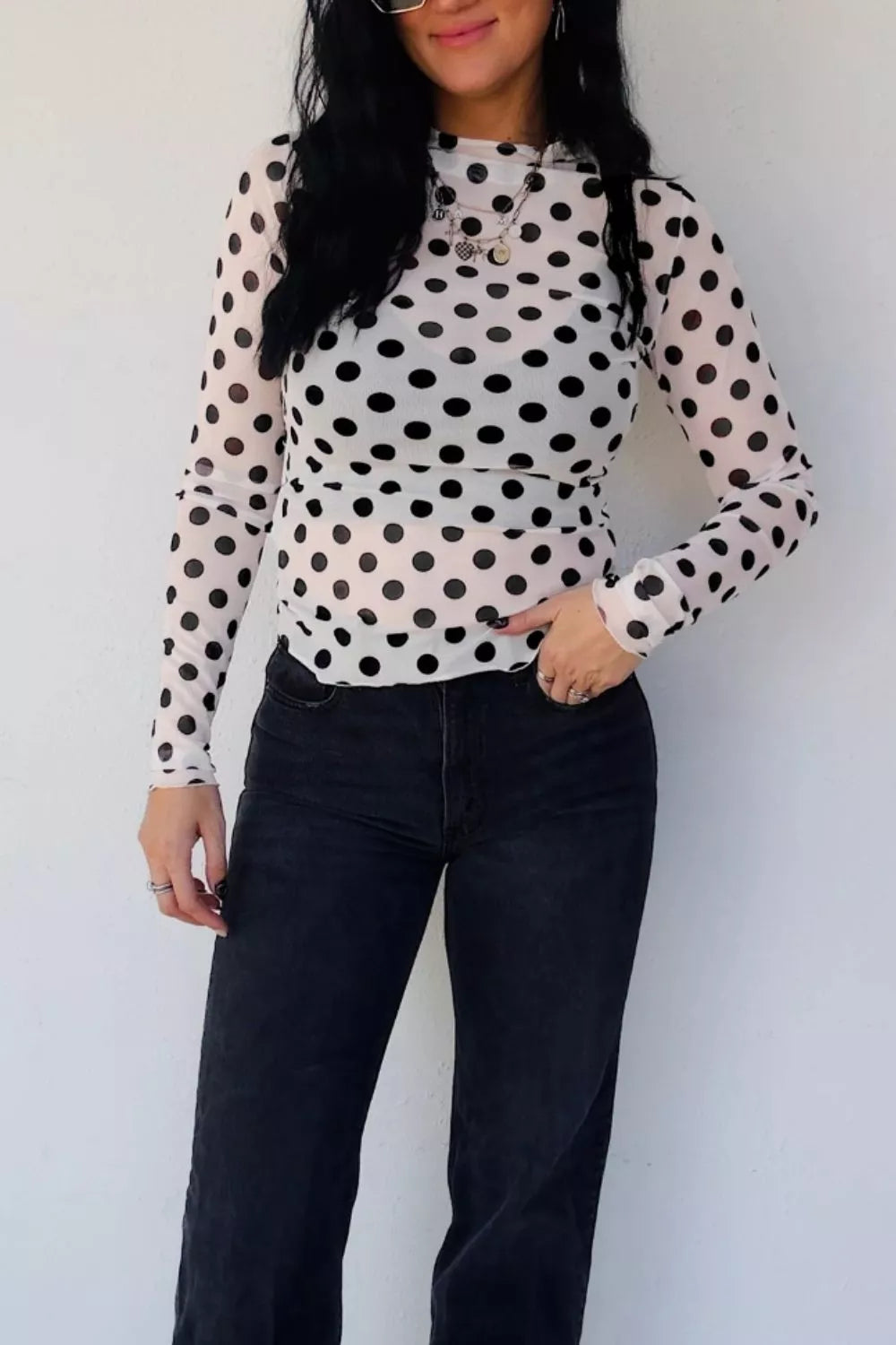 Polka dot mesh long sleeve stand neck sheath top by Plush Fashion Hub, featuring a fitted silhouette and stylish design.