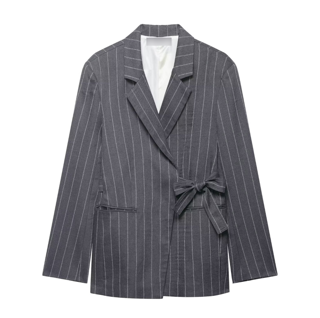 Women’s spring wrap lace-up blazer and casual trousers two-piece set by Bella Mia, stylish and comfortable for everyday wear.
