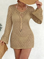 Women’s long sleeve beach cover-up dress by Plush Fashion Hub with sexy cutout and see-through design, perfect for beachwear.