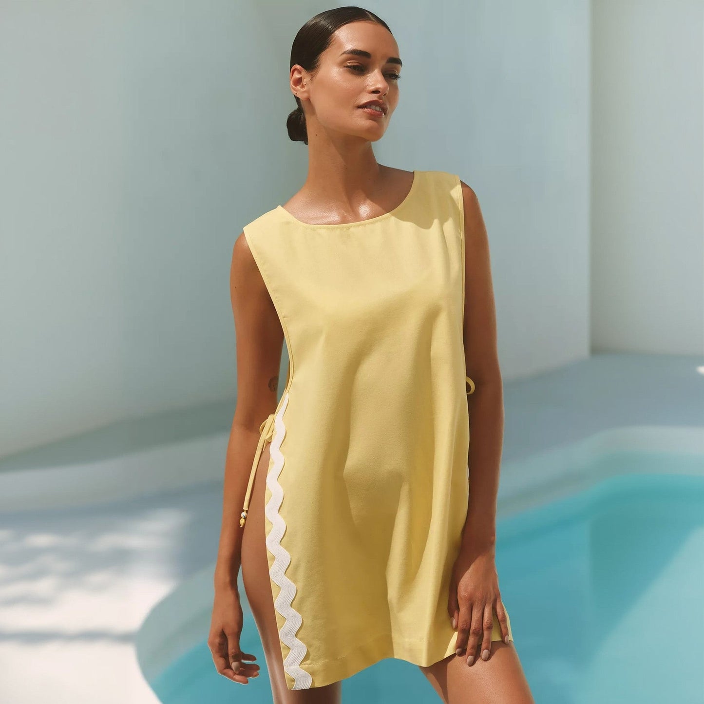 Solid color sleeveless beach cover-up with slit, bikini swimsuit cover-up shirt for women by Plush Fashion Hub.