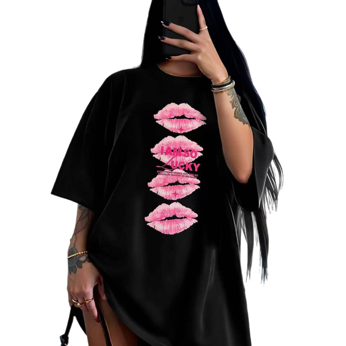 Women’s black cotton T-shirt with lip print, short sleeves, loose fit, by Plush Fashion Hub.