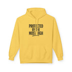 Black hoodie from Wear Your Worship featuring Psalm 91-inspired "Protected By The Most High" design, casual pullover apparel.
