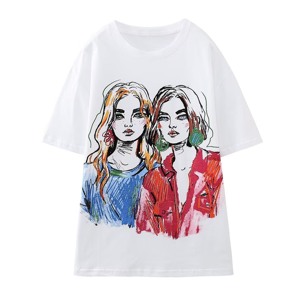 Women's summer loose casual printed T-shirt by Plush Fashion Hub, featuring a trendy all-matching girl design and lightweight fabric.