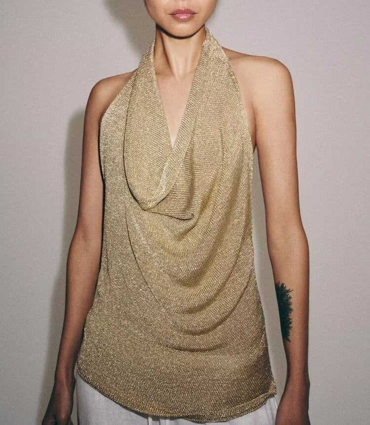 Women’s summer sexy metal color line hanging collar top from Plush Fashion Hub, featuring stylish design and vibrant metallic accents.