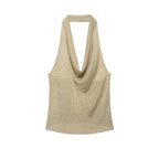 Women’s summer sexy metal color line hanging collar top showing stylish sleeveless design and metallic accents.