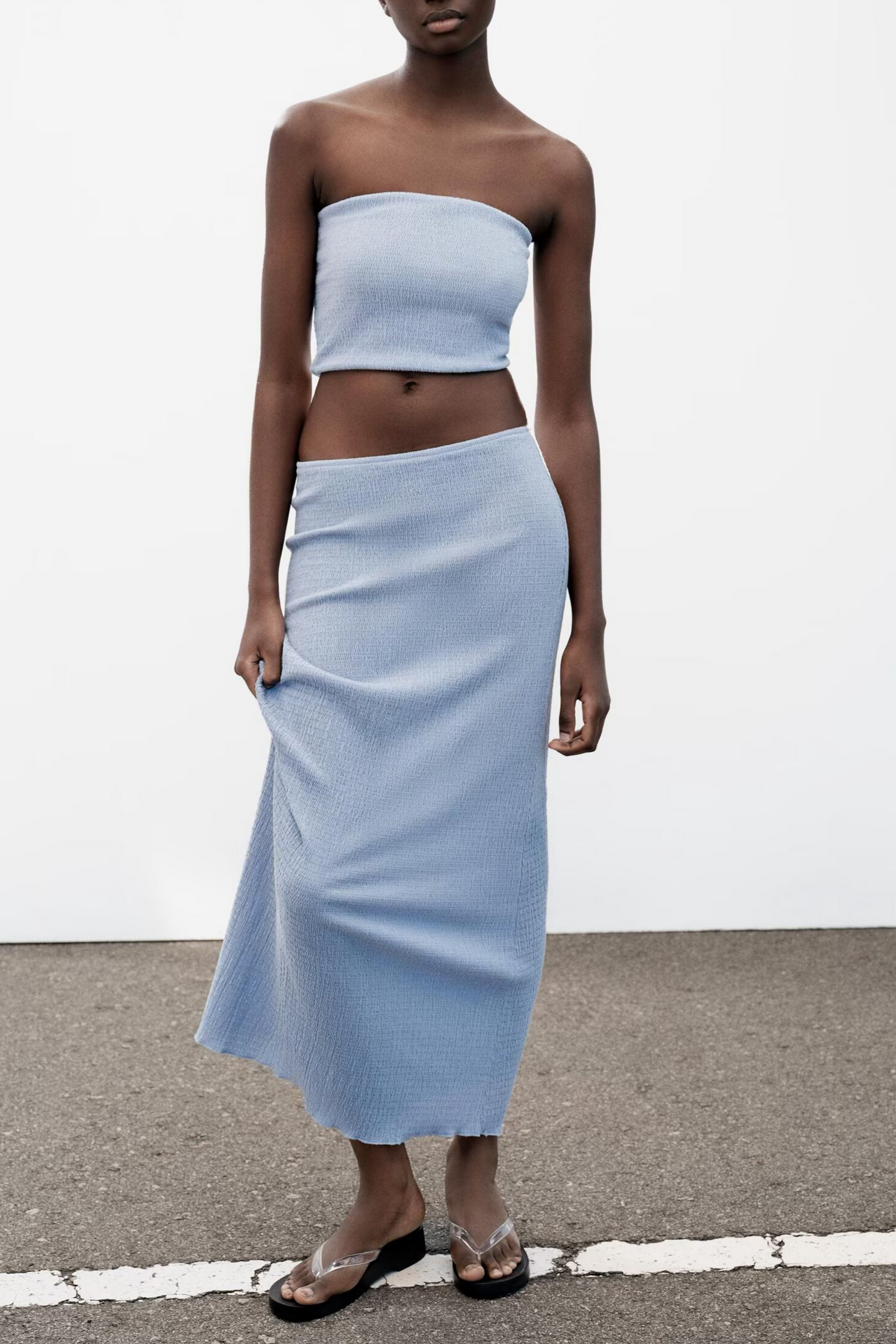 Women summer texture tank top and midi skirt set by Plush Fashion Hub, featuring a stylish sleeveless top and flowy skirt.