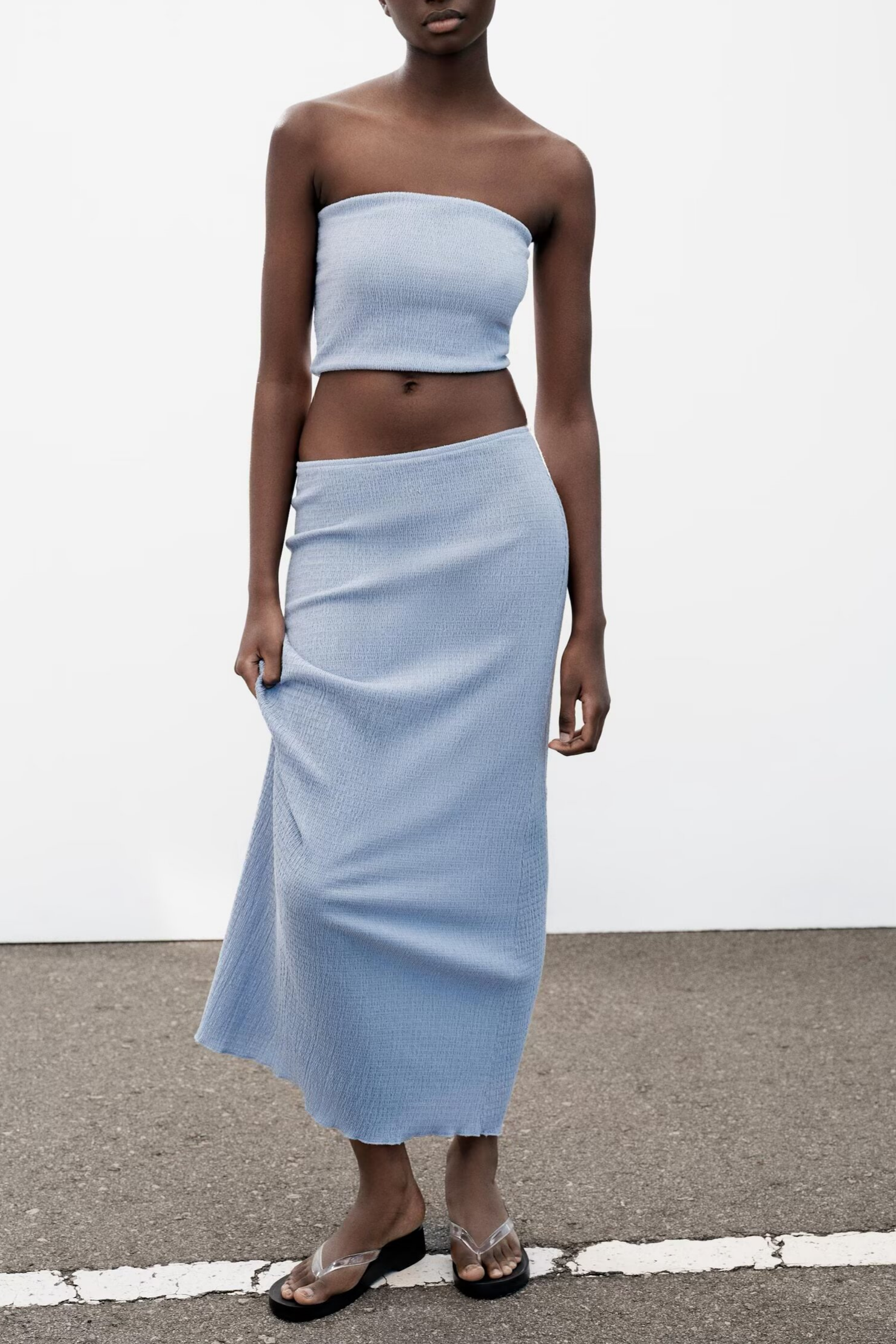 Women summer texture tank top and midi skirt set by Plush Fashion Hub, featuring a stylish sleeveless top and flowy skirt.