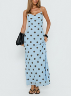 Pink polka dot maxi dress for women with backless lace-up design, tight waist, vintage style, and elegant, gentle fit by Plush Fashion Shop.