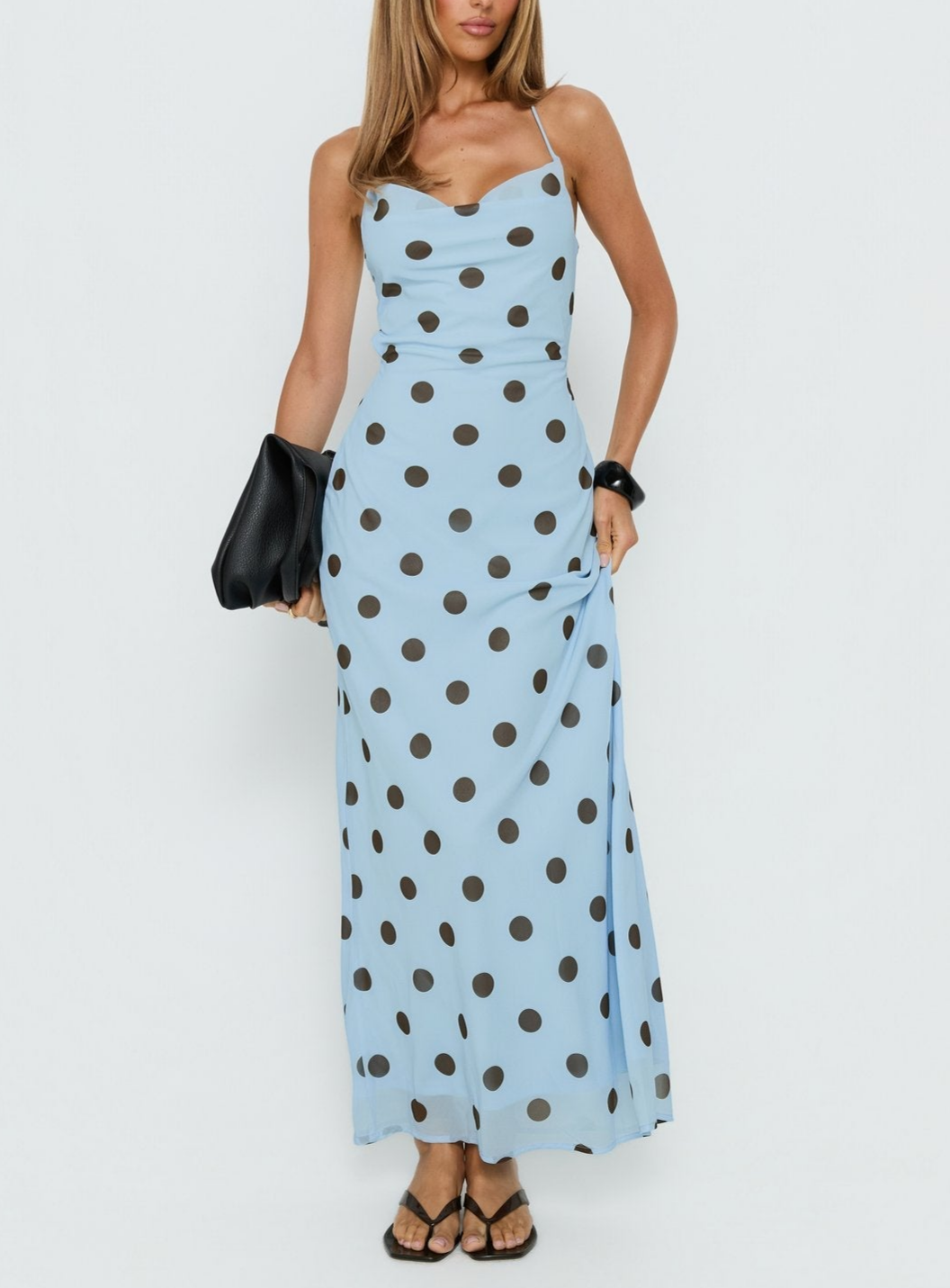 Pink polka dot maxi dress for women with backless lace-up design, tight waist, vintage style, from Plush Fashion Hub.