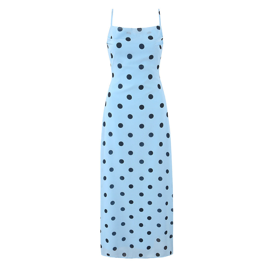 Pink polka dot maxi dress for women by Plush Fashion Shop, backless lace-up design with tight waist, vintage elegant style.