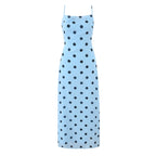 Pink polka dot maxi dress for women by Plush Fashion Shop, backless lace-up design with tight waist, vintage elegant style.